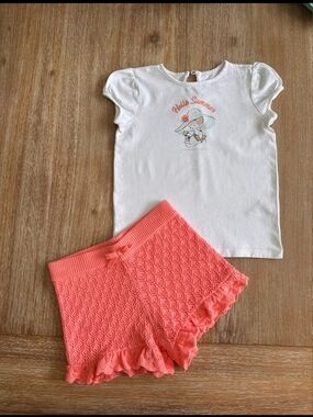 Janie and Jack White Graphic Tee with Coral Knit Shorts Pajama Set
